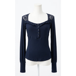 Free People Large Come On Over Ribbed Lace Henley Top Navy Blue Shirt