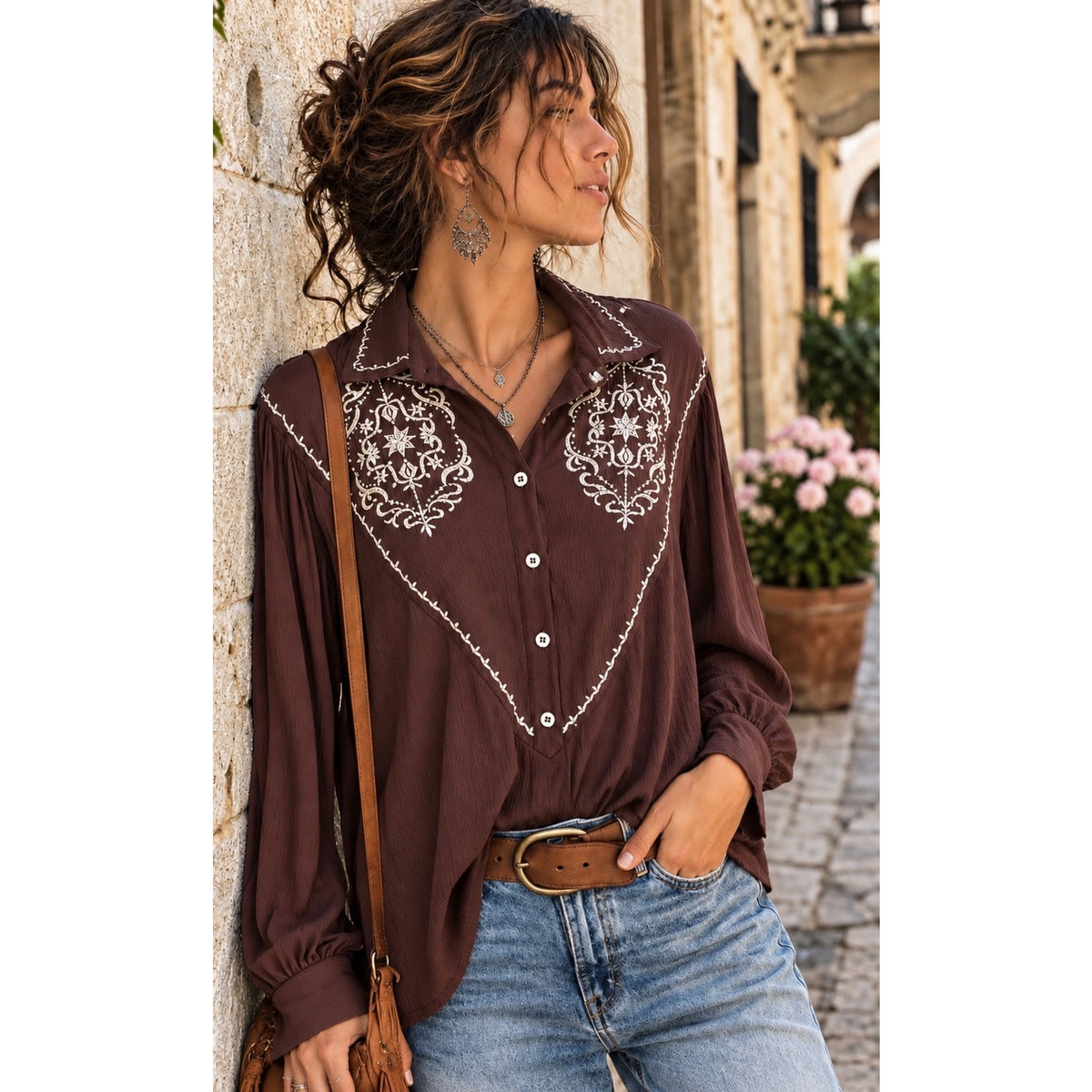 In Loom Brown Embroidered Western Boho Peasant Blouse Long Sleeve Large NWOT
