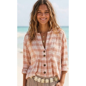 Free People Small All About The Feels Rose Plaid Buttondown Shirt