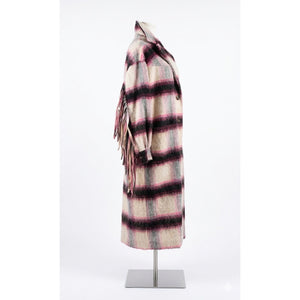 Free People M/L Pressley Fringe Plaid Blanket Duster Coat Pink