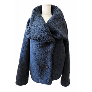 We The Free by Free People Large Izzy Wrap Teddy Jacket Navy Blue Fleece Coat