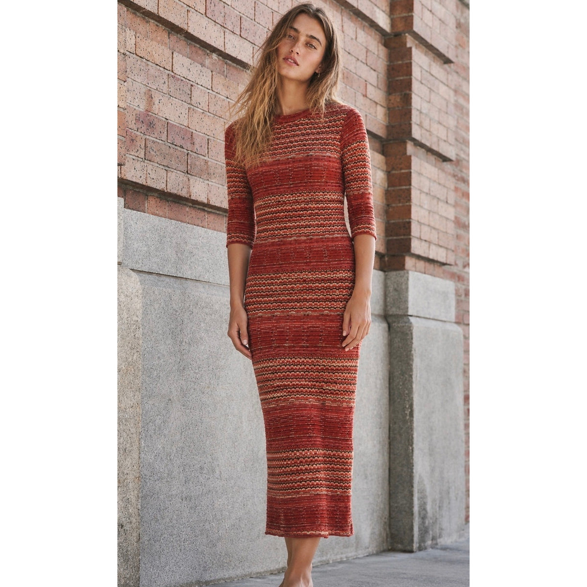 Free People Medium Groovy Sweater Dress Retro Ribbed Striped Mock Neck Midi