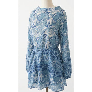 Free People Small Blue Paisley Wanderlust Long Sleeve Mini Dress NWT
