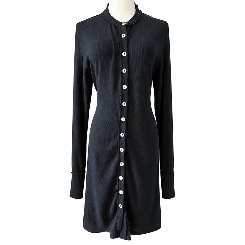 Free People We The Free Gia Black Ribbed Cardigan Button Front Boho Duster Dress X-Large