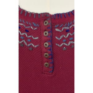 Free People Fair Isle Embroidered Burgundy Waffle Knit Henley Thermal Top