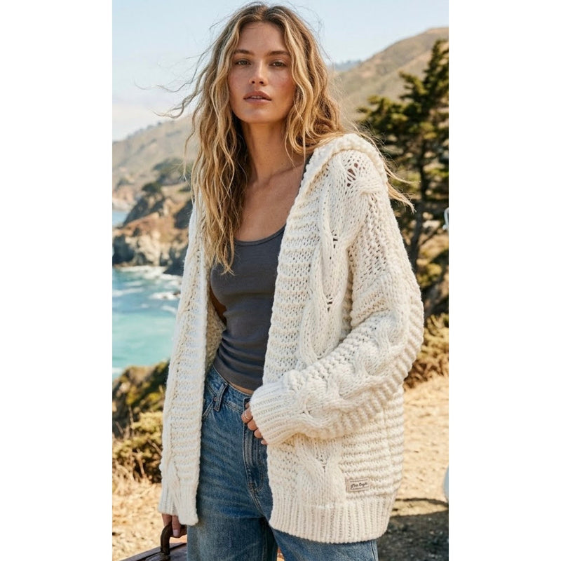 En Crème Boho Cream Chunky Cable Knit Hooded Cardigan Sweater L NEW