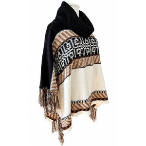 ON BLUE Cowl Neck Boho Fringe Poncho Sweater Black Cream Brown S/M NWT
