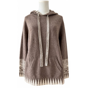 Hem and Thread Heather Brown Boho Aztec Pattern Knit Hoodie Sweater Large NWT