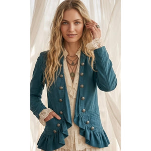 Free People Small Ruffles Romance Military Jacket Billy Saddle Jade