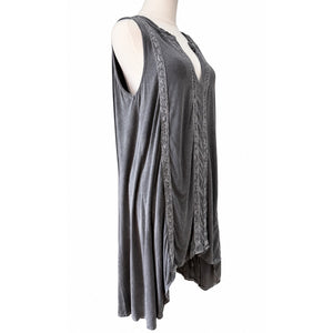 POL Charcoal Gray High-Low Asymmetrical Lace Trim Boho Tunic Dress Small