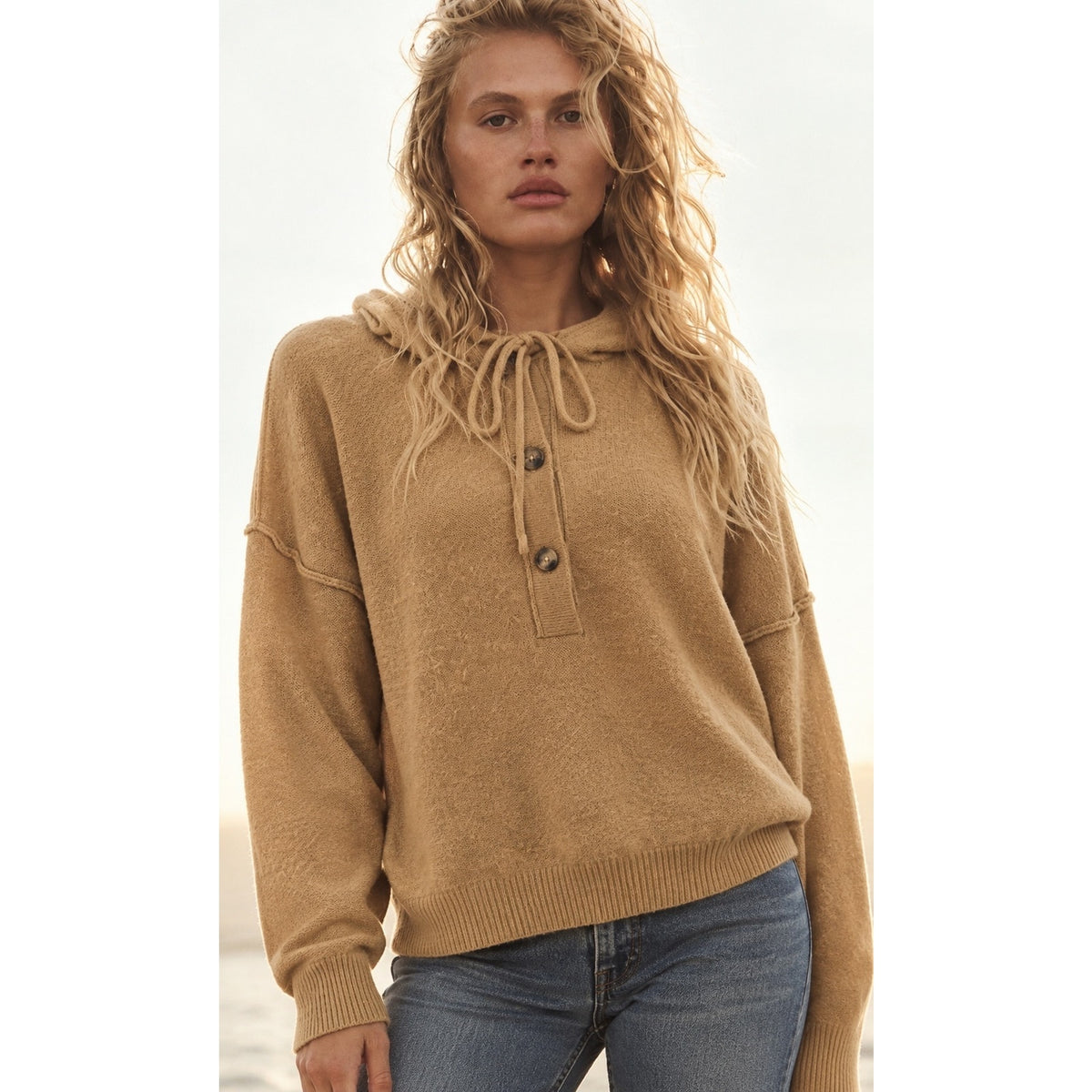 Free People Large Praline Cozy Henley Hoodie Sweater Camel Brown Knit Boho