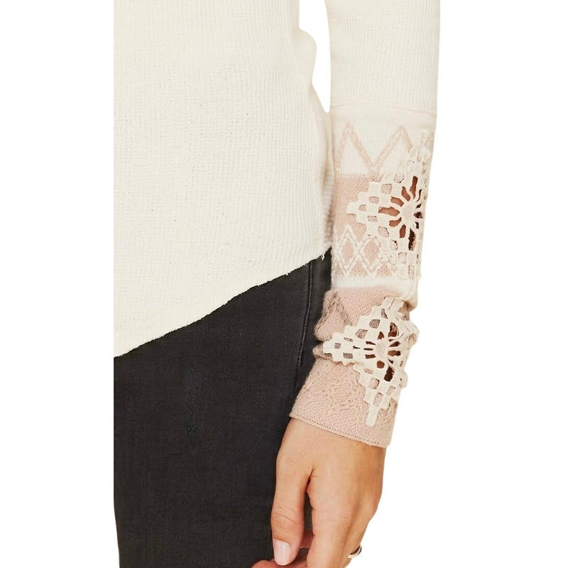 Free People Ivory/Cream Kombucha Crochet Cuff Thermal Knit Top
