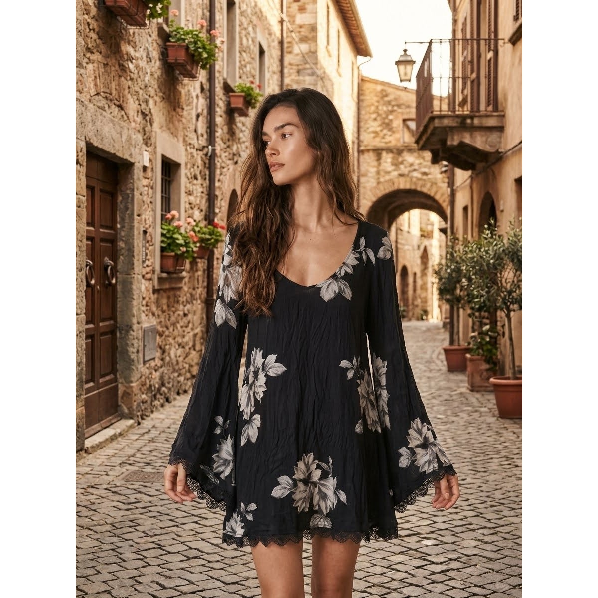 Free People Medium Jasmine Embroidered Mini Dress in Charcoal NWT