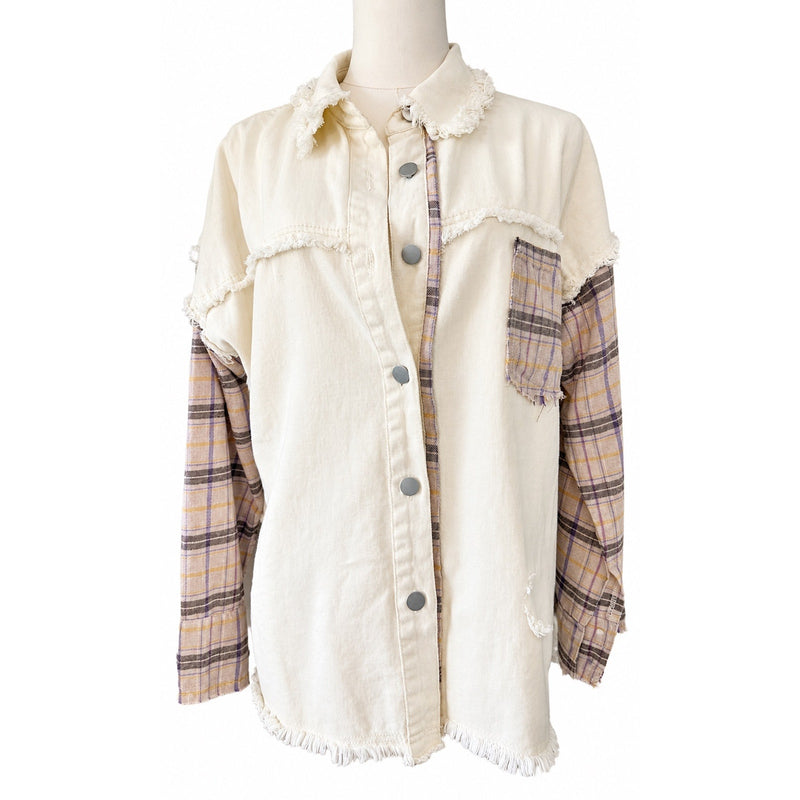 Blue B Boho Plaid Mixed-Media Distressed Shacket Shirt Jacket Medium