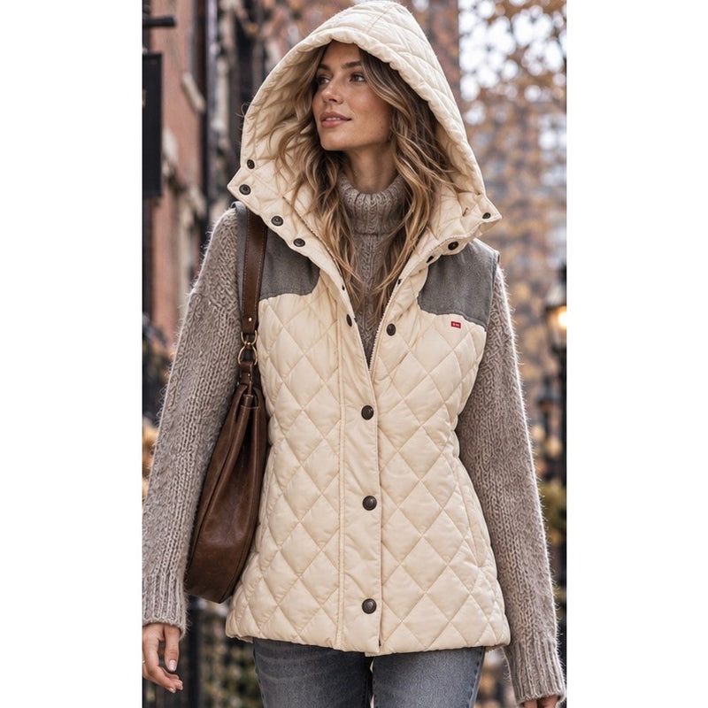 Tommy Hilfiger Ivory Quilted Hooded Vest Gray Yoke Plaid Lined Preppy Medium NWOT