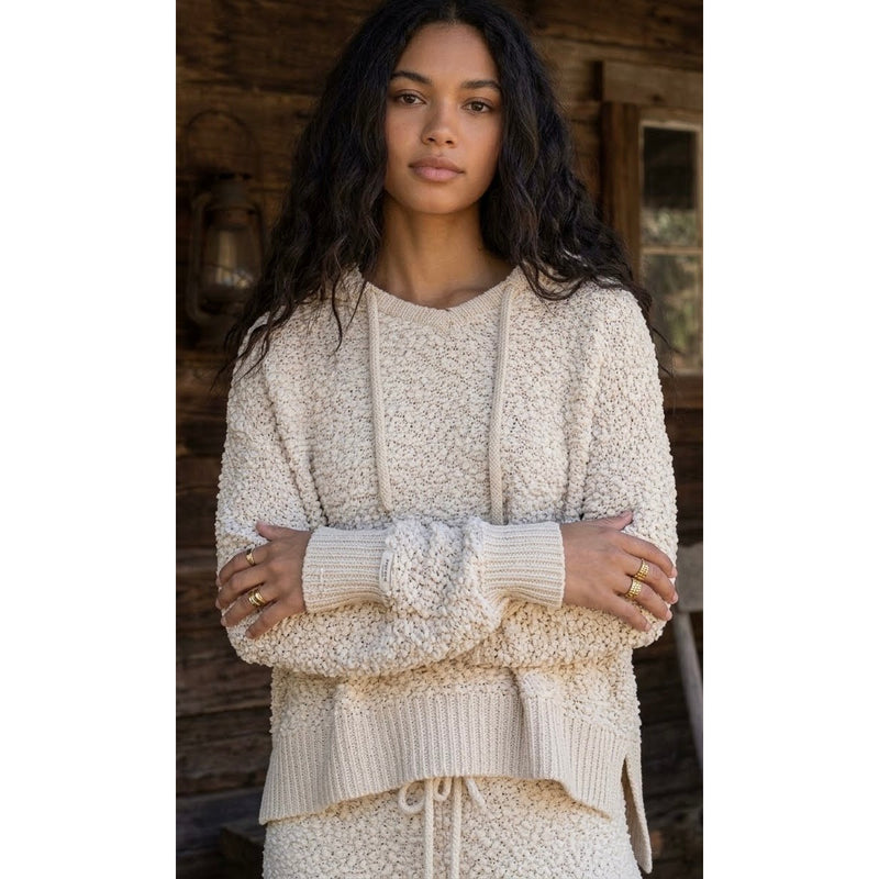 POL Clothing Cream Popcorn Knit Oversized Hoodie Top Large