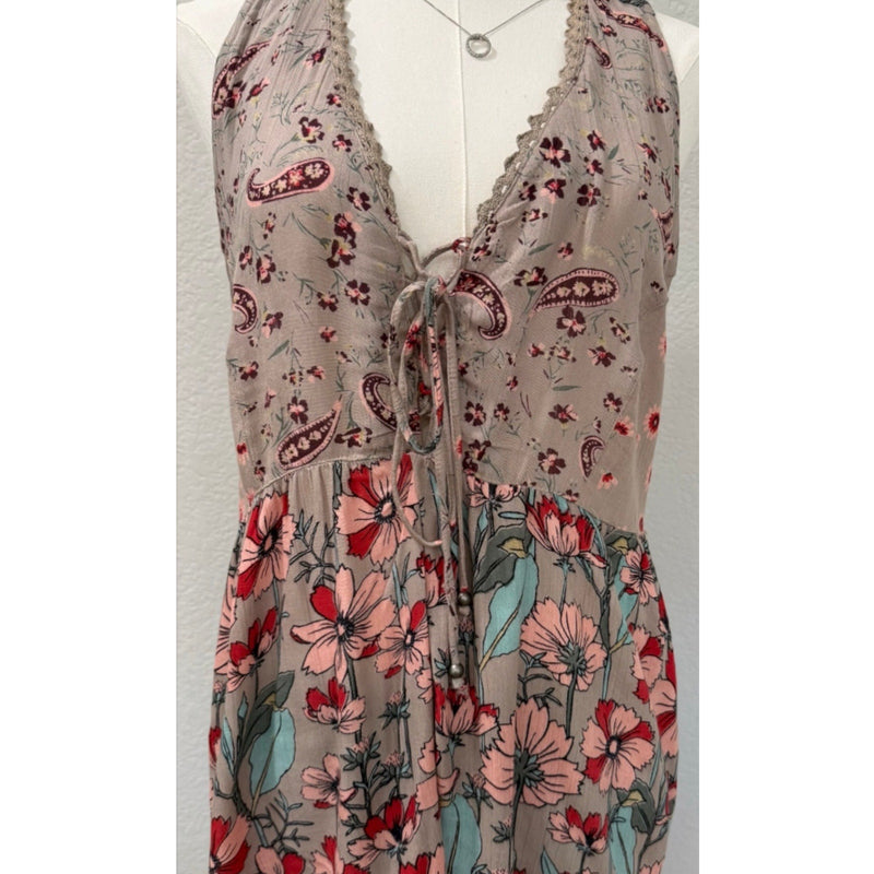 Angie Boho Floral and Paisley Mixed-Print Tiered Babydoll Tank Top Large Like New
