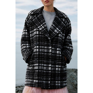 Free People Small Highlands Wool Plaid Peacoat Black Gray Oversized Jacket