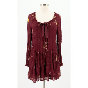 Free People Medium Garden Glory Mini Dress in Cabernet Embroidered Boho Smocked Long Sleeve
