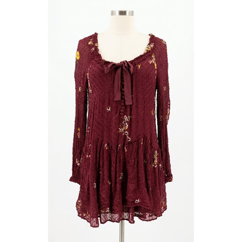 Free People Medium Garden Glory Mini Dress in Cabernet Embroidered Boho Smocked Long Sleeve