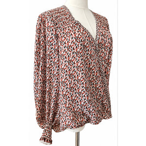 Max Studio Medium Floral Surplice High-Low Wrap Blouse Smocked Long Sleeve Orange Black