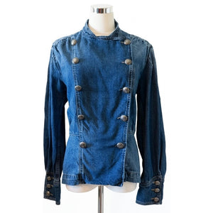 Free People Large Imogene Blue Denim Military Officer Jacket