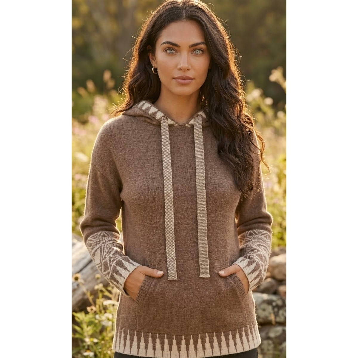 Hem and Thread Heather Brown Boho Aztec Pattern Knit Hoodie Sweater Large NWT