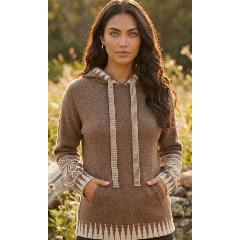 Hem and Thread Heather Brown Boho Aztec Pattern Knit Hoodie Sweater Large NWT
