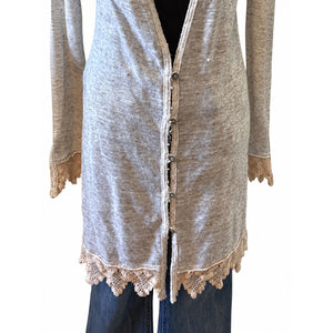 Free People Vintage Oatmeal Lace Trim Boho Long Cardigan Dress Medium