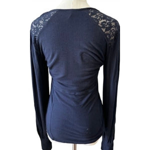 Free People Large Come On Over Ribbed Lace Henley Top Navy Blue Shirt