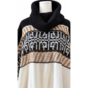 ON BLUE Cowl Neck Boho Fringe Poncho Sweater Black Cream Brown S/M NWT