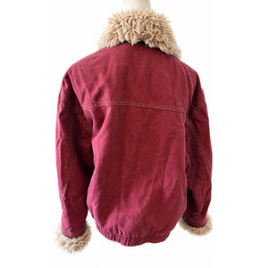 Free People Large Owen Sherpa Denim Jacket in Wine Red Burgundy