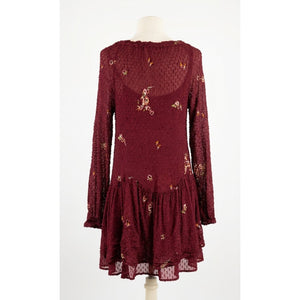 Free People Small Garden Glory Mini Dress in Cabernet Embroidered Boho Smocked Long Sleeve