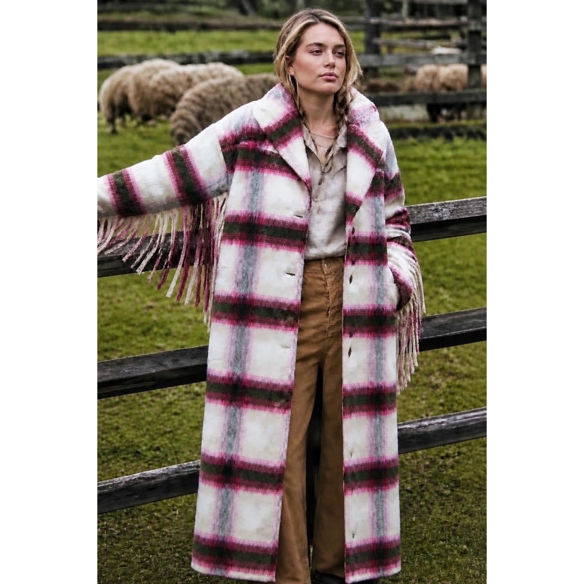 Free People M/L Pressley Fringe Plaid Blanket Duster Coat Pink