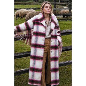 Free People M/L Pressley Fringe Plaid Blanket Duster Coat Pink