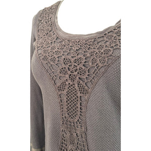 Free People Rose Garden Washed Charcoal Grey Lace Accent w Thumb Thermal Top