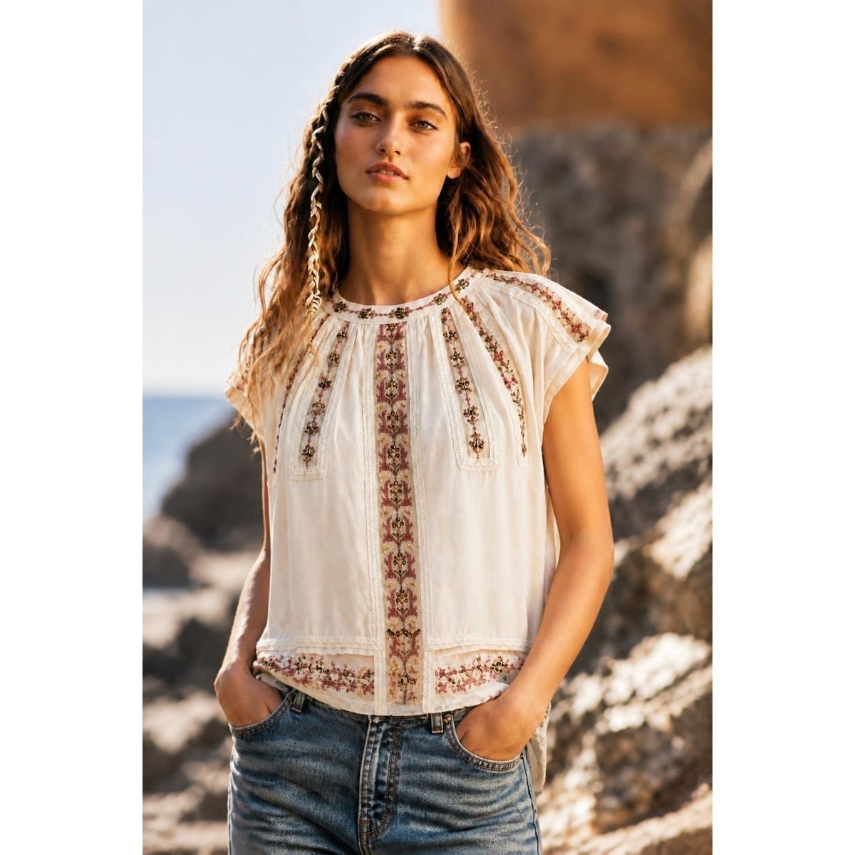 Free People Large Sequin Drawstring Embroidered Mesh Boho Blouse Top - Ivory / Pink Multi