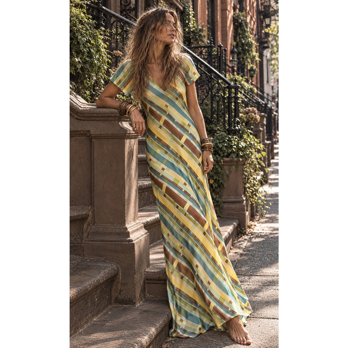 Rare Vintage Betsey Johnson 100% Silk Bias Cut Maxi Dress Geometric Print Size Petite Like New