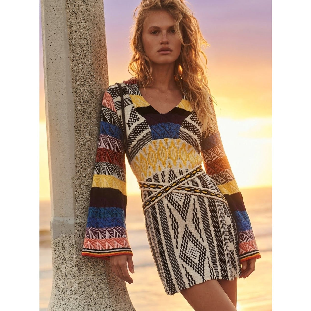 Free People Small Boho Patchwork Bell Sleeve V-Neck Sweater Dress NWOT