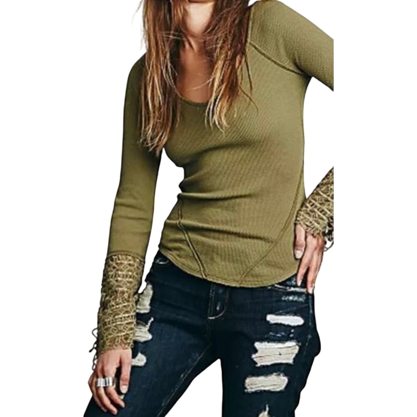 Free People Juliet Lace Cuff With Lace- Up Detail Olive Thermal Top