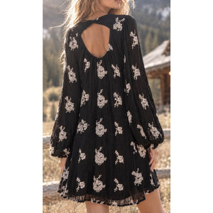 Free People Medium Austin Embroidered Boho Swing Mini Dress Black