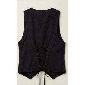 Free People Black Valeria Eyelet Cotton Vest XLARGE Good Condition
