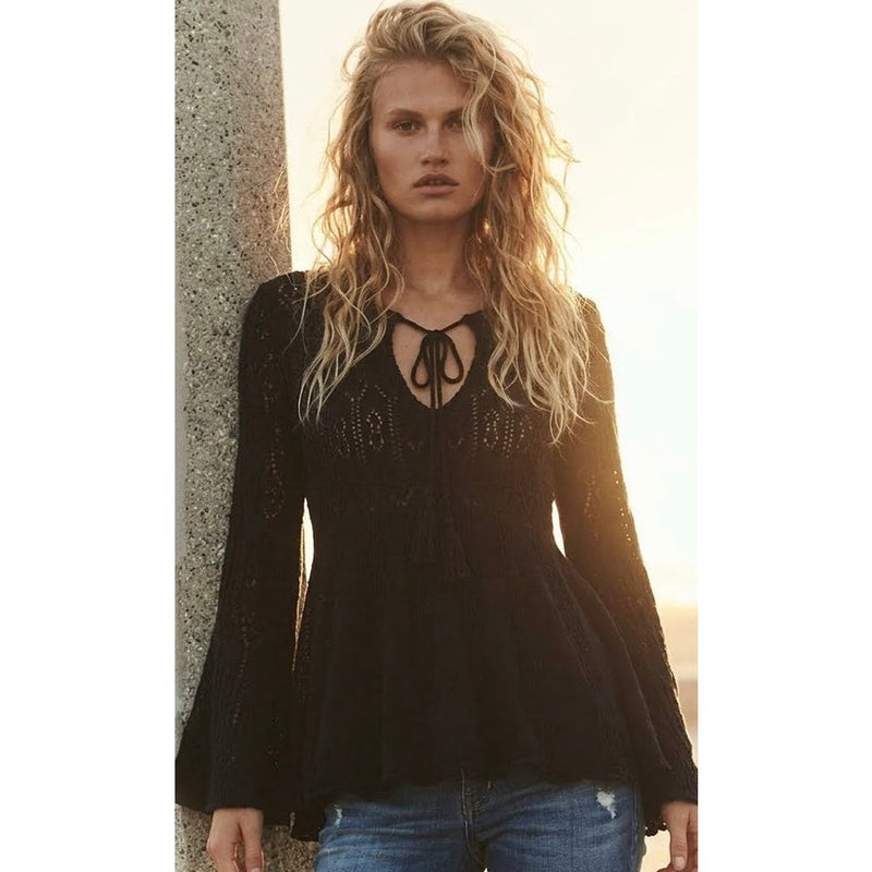 Free People Medium Angel Days Pullover Crochet Tunic Sweater Black NWT