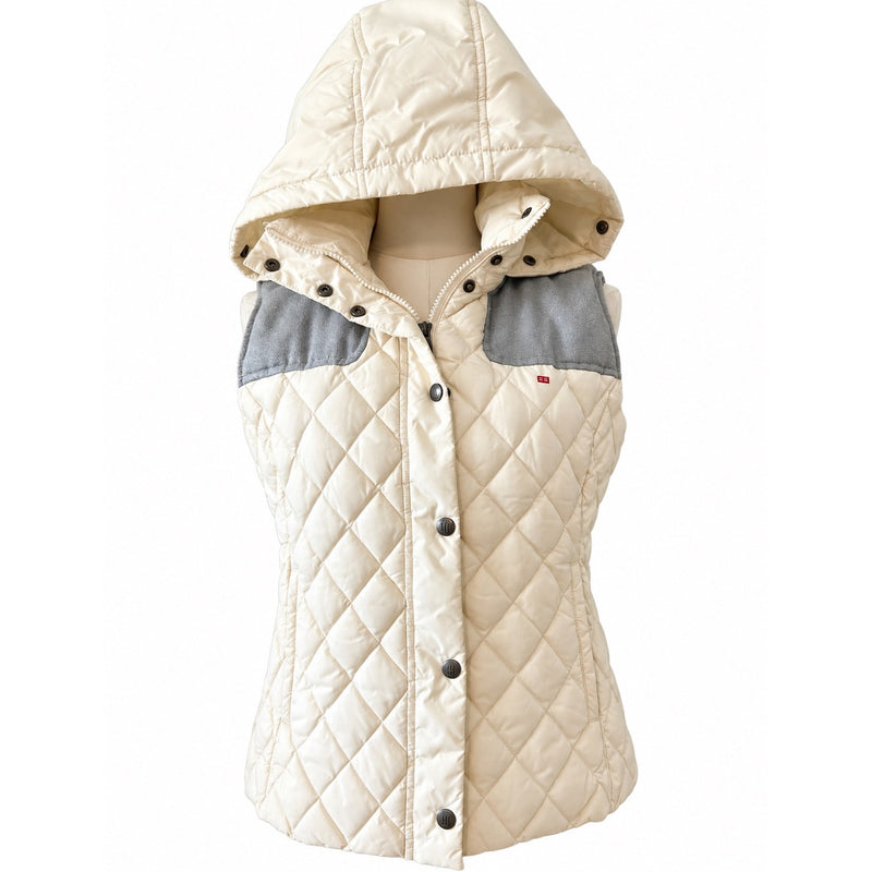 Tommy Hilfiger Ivory Quilted Hooded Vest Gray Yoke Plaid Lined Preppy Medium NWOT