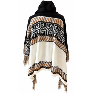 ON BLUE Cowl Neck Boho Fringe Poncho Sweater Black Cream Brown S/M NWT