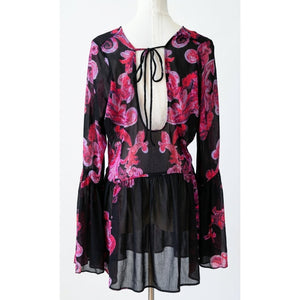 Free People Medium Symphony Embroidered Slip Dress Black Pink Mini Sheer Shift