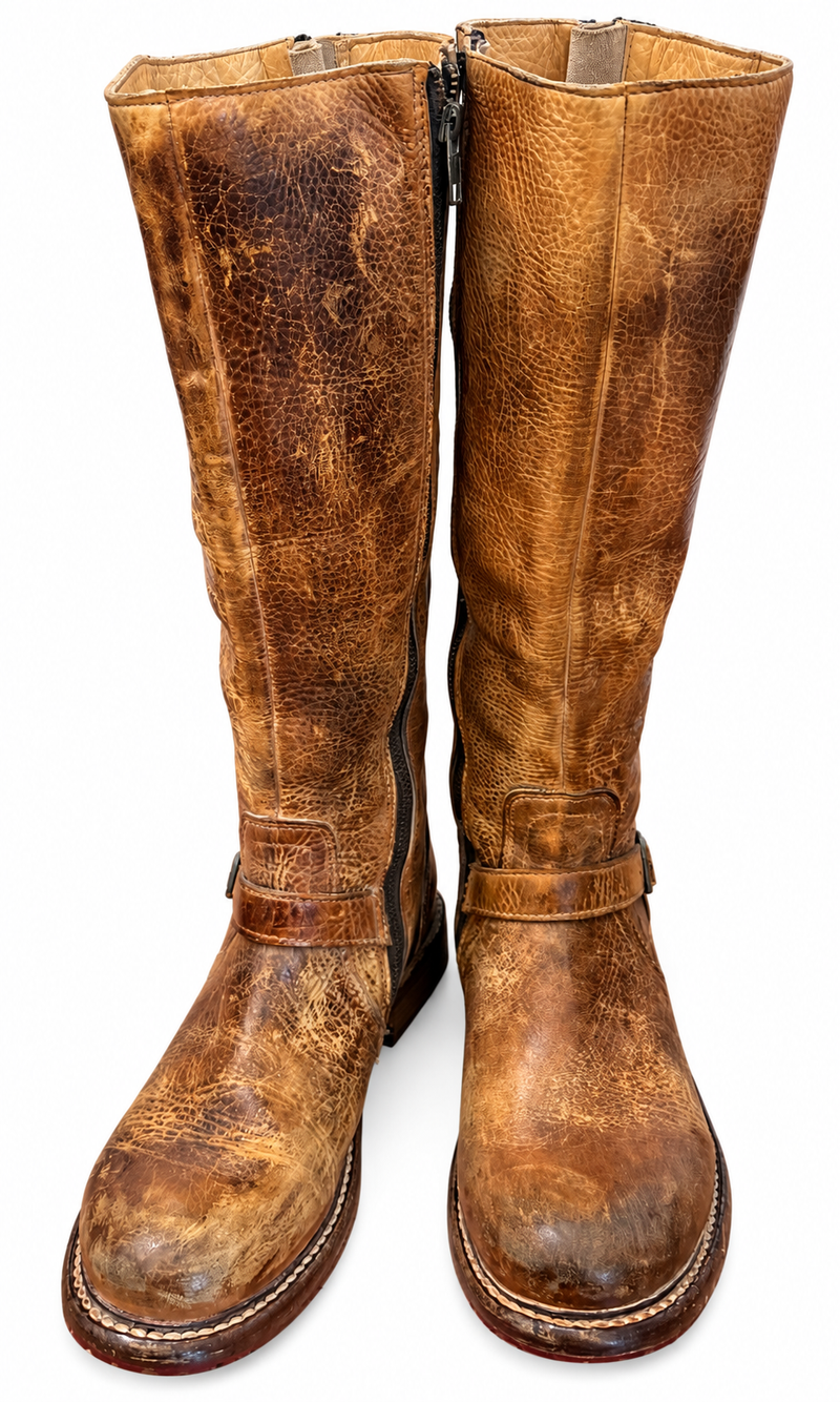 BED STU Glaye Handcrafted Distressed Leather Full Zip Tan Rustic Riding Boots 8.5 M PRISTINE NEW WO BOX