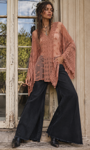 Vintage Free People Susie Sheer Lace Poncho Dusty Rose Top OS