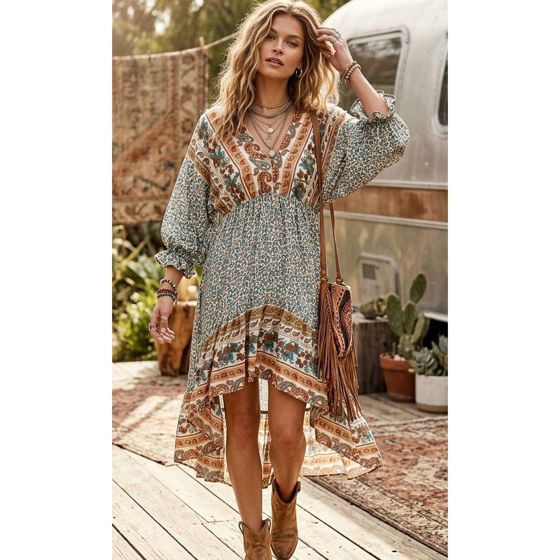 Umgee Mixed Print Hi-Low 3/4 Sleeve Border Print Dress Size Large NEW WITH TAGS