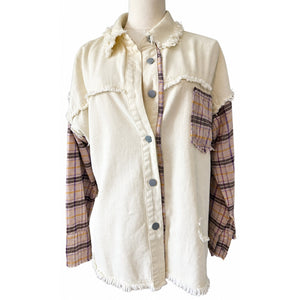 Blue B Boho Plaid Mixed-Media Distressed Shacket Shirt Jacket Medium